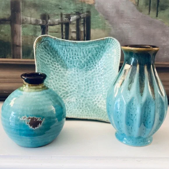 Turquoise Ceramics Set Of 3 Mixed Pieces Vases Square Bowl Home Accents Decor - Picture 2 of 12